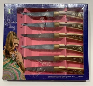 Vintage 1960s-70s Lifetime Cutlery Steak Knife Set of 6 New in Package Faux Wood - Picture 1 of 4