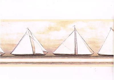 Sailboats Nautical Beige Cream Burgundy Bathroom Den Wall paper Border DC2212B - Изображение 1 из 3