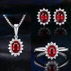 Red Garnet Pendant, Ring & Earring Set  Simulated Oval Cut 14K White Gold Plated