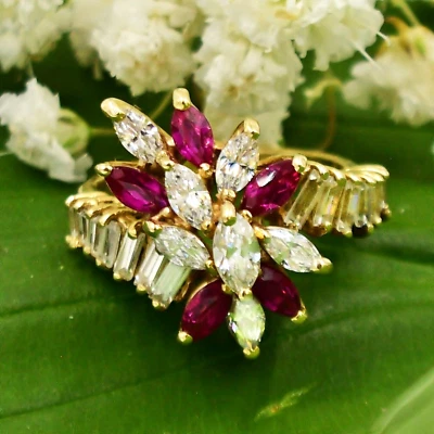 14k Yellow Gold Ruby & Goshenite Gemstone Cluster Cocktail Ring Size 6.75 - Image 1 of 4