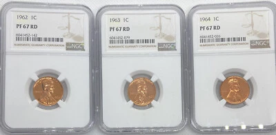 Lot of 3 Lincoln Cents - 1962, 1963, 1964 - All Graded PF 67 RD by NGC - Image 1 of 4