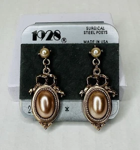 NEW 1928 PIERCED DANGLE FAUX PEARL GOLD-TONE Pierced Dangle Victorian EARRINGS  - Picture 1 of 13
