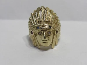 14KT GOLD INDIAN HEAD W/ HEADRESS RING w/ diamond eyes - Picture 1 of 7
