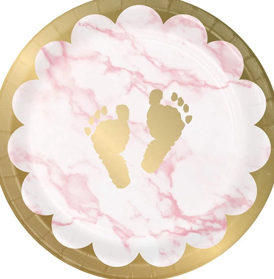 Marble Baby Shower Footprints Dessert Plates, 7", Pink, White and Gold - Image 1 of 1