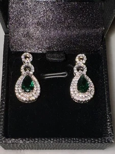 Gold Coast Lab Emerald Diamond Platinum Plated Sterling Silver Earrings - Picture 1 of 6