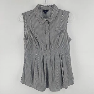 Cue Top 12 Sleeveless Navy White Stripe 1/2 Button Up Collar Ladies Office - Picture 1 of 7