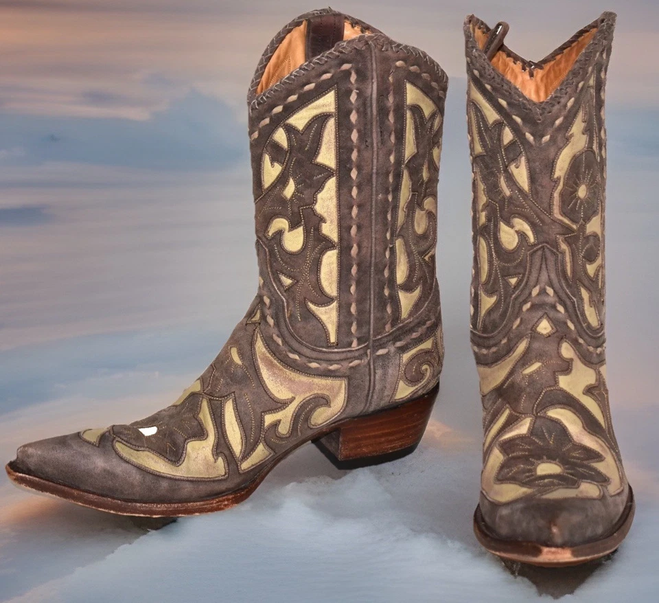 Vtg Y2k Label OLD GRINGO "JUDE" Beige Sz 8B Floral Tooled Overlay Cowgirl BOOTS - Image 1 of 4