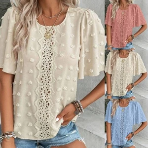 Simple Design Lace Round Neck Breathable Blouse Easy To Match Loose Fit - Picture 1 of 72