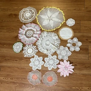 VTG Hand Crocheted Doilies Lot of 14 Round Floral Lace White Snowflake Pastel - Picture 1 of 9