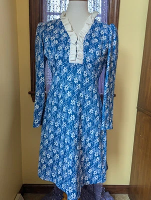 Mini Vestido Vintage Años 70 Sears Fashions Azul Margarita Flower Power Poliéster Talla M Foto 1 de 4