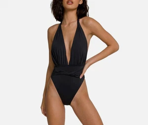 Good American Black Halter Neck Deep Plunge One-Piece Swimsuit Backless Size 2 M - Picture 1 of 10