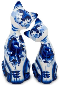 [2er SET] Gzhel Porzellan Katzenfigur Keramik Katze Skulptur weiß und blau - Bild 1 von 2