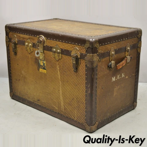 Antique Belber Traveling Goods Brown Monogram Print Hard Case Steamer Trunk Cover
