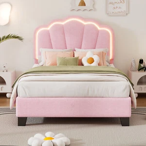 Twin Size Upholstered Flower-Shape Bed, Elegant Flowers Headboard with LED Light - Picture 1 of 12