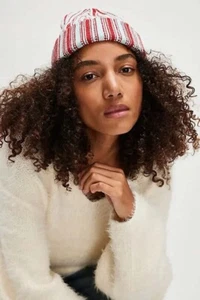 Free People Desert Stripe Beanie OSFM Red Baby Blue Colorblock Boho Casual Cozy - Picture 1 of 5