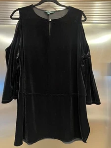 RALPH LAUREN Samt Top Longline Cold Shoulder klassisch schwarz Übergröße 1X Schlüsselloch - Bild 1 von 5