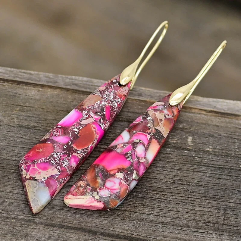 Pink Sea Sediment Jasper Women Healing Stone Dangle Drop Earrings Gift for her - Image 1 of 4