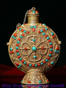 7" Rare Old Tibetan Filigree Gold Silver Copper Gems Buddhism Snuff Bottle - Picture 1 of 9
