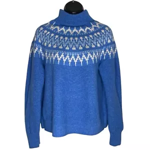 J Crew Sweater Womens S Fair Isle Nordic Mock Neck Wool Blend Blue Cottage Ski - Picture 1 of 10