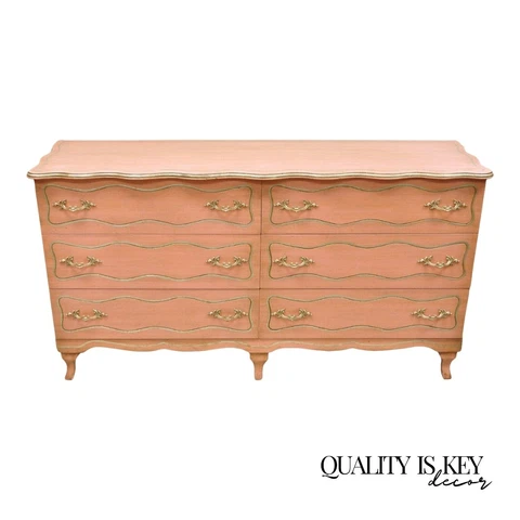 Vintage Hollywood Regency Dorothy Draper Style Bubblegum Pink 6 Drawer Dresser Cover