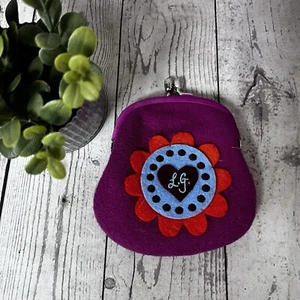 Lulu Guinness Felt Kisslock Coin Purse Wallet Flower Heart Pink - Picture 1 of 9
