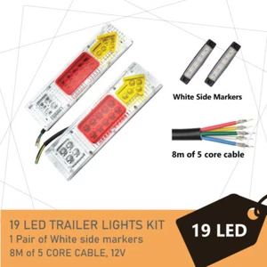 2 x 19 LED TRAILER LIGHTS KIT, 8M 5 Core CABLE, 2 x White Side Marker 12V - Picture 1 of 10
