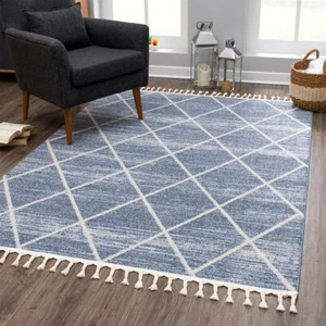 Teppich Art Skandi Look Blau Raute Motiv Kurzflor Fransen Wohnzimmer Flur - Bild 1 von 70