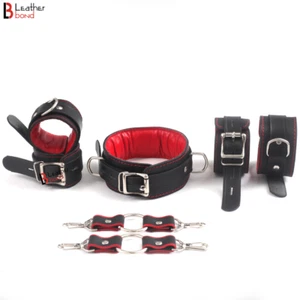 Real Cowhide Leather Wrist, Ankle Cuffs & Neck Collar Set Padded with Connector - Picture 1 of 4