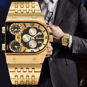 Oulm Herren großes Zifferblatt Uhren Quarz Armbanduhr Gold Edelstahl Muliti Zeit - Bild 1 von 14