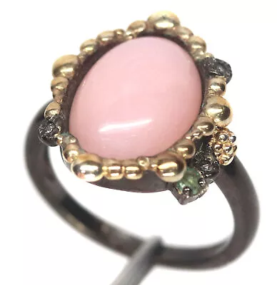 10 X 14 Mm. Pinker Opal-, Smaragd- Und Topas-Ring Silber 925 Sterlingsilber - Bild 1 von 4