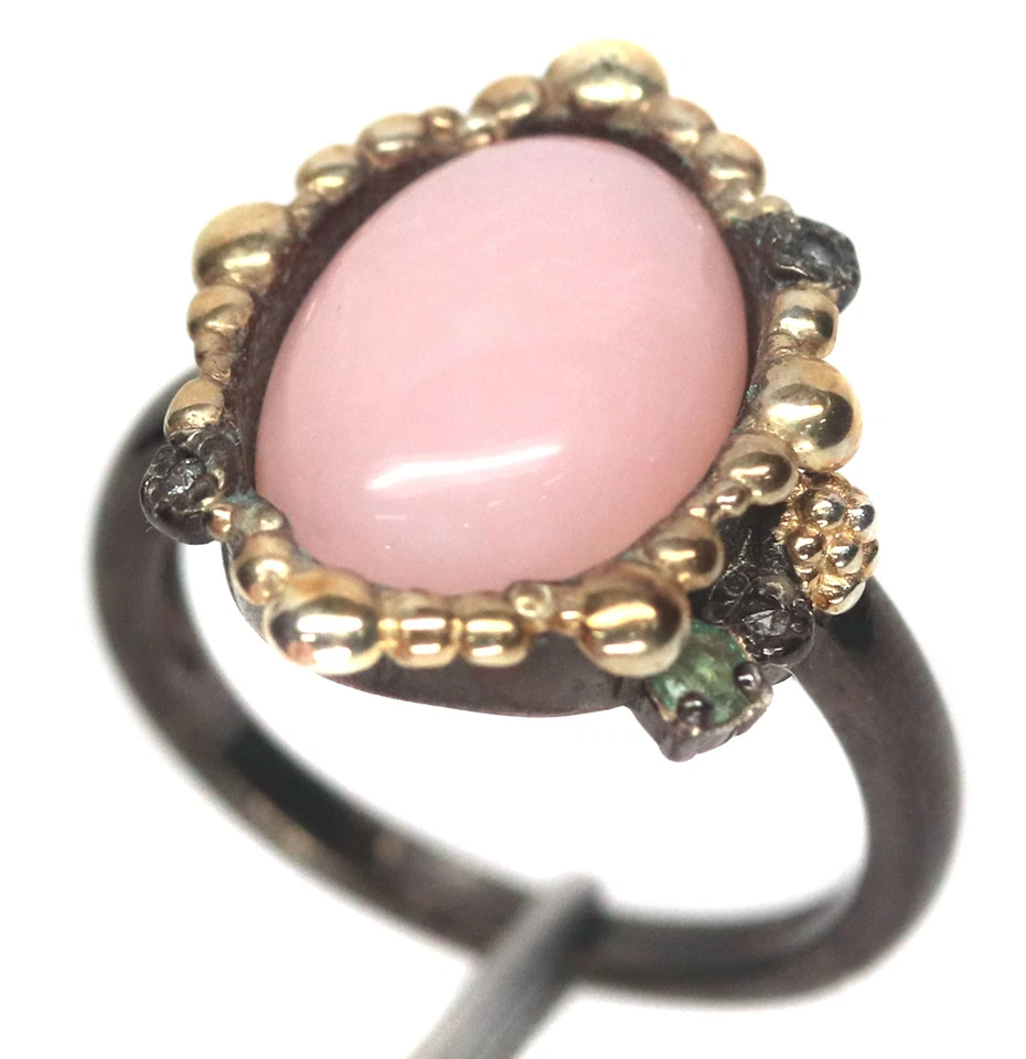10 X 14 Mm. Pinker Opal-, Smaragd- Und Topas-Ring Silber 925 Sterlingsilber - Bild 1 von 4