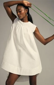 NWT Anthropologie Brand Blue Tassel Smocked High-Low Babydoll Dress In White S - Picture 1 of 5