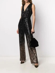 DVF Eryn 272771 Crepe-paneled Dégradé Sequined Jumpsuit Black size 16 - Picture 1 of 5