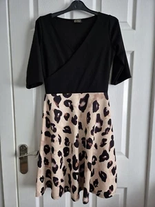 MISSFIGA Dress Size 10 Fit & Flare Black Wrap Top Leopard Print 3/4 Sleeve Bnwot - Picture 1 of 3