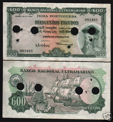 PORTUGUESE INDIA 600 ESCUDOS P-45 1959 RUPEES SHIP AUNC RARE INDIAN GOA BANKNOTE - Image 1 of 2