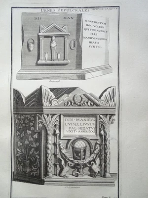Urnes röm. Grabstein Architektur Nekropole Lorbeer Montfaucon Kupferstich 1722 - Bild 1 von 2