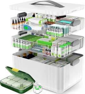 3 Ebenen Medizin Organizer Box Tragbar Erste Hilfe Aufbewahrungskoffer mit Griff für Zuhause - Bild 1 von 11