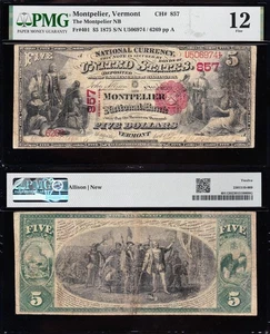 *RARE* 1st Charter 1875 $5 MONTPELIER, VT National Note PMG 12! State Capital! - Picture 1 of 3