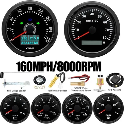 6 Gauge Set Boat 85mm GPS Speedometer 160MPH&Tachometer 8000RPM w/Sensor Black - Image 1 of 4
