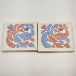 Pair of Pink and Blue on White Peacock Art Tile Trivets Hand Painted 6" x 6" MCM - Picture 1 of 8