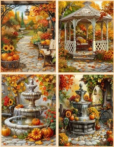 8 Fall Autumn Gardens Fountains sunflowers pumpkins glossy fold out Note Cards - Picture 1 of 4