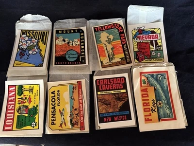 Lot of 8 Vintage Travel Decals, Luggage Labels, all USA locations.  1950s or 60s - Image 1 of 3