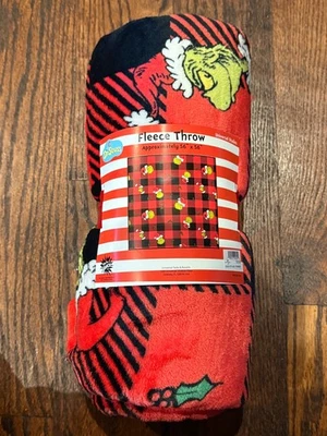 Universal Studios The Grinch Buffalo Plaid Fleece Throw Blanket NEW 56" Square - Image 1 of 4