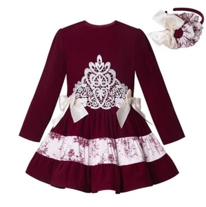 Girls Holiday Party Dress Burgundy Long Sleeves Lace Floral Dress with Headband - Picture 1 of 10