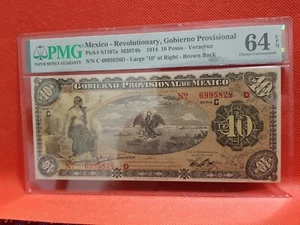 1914 MEXICO Puck 51107S M 3974b REVOLUTIONARY 10 PESOS PMG 64 GRADED Large10 R - Picture 1 of 9