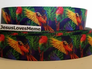 Grosgrain Ribbon Macaw Parrots Jungle Birds Exotic Tropical Rain Forest 7/8" - Picture 1 of 1