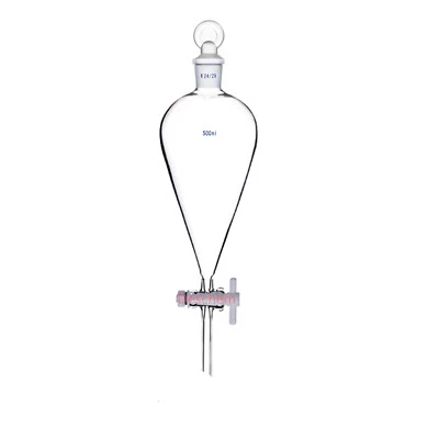 500ml 24/29 Pyriform Separatory Funnel Drop Tube PTFE Stopcock Lab Glass Stopper - Image 1 of 4