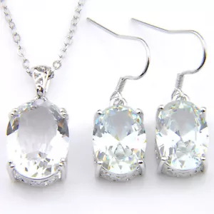 Oval Jewelry Set Natural White Topaz Silver Necklace Pendant Dangle Earrings - Picture 1 of 8