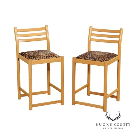 Italian Modern Pair Cheetah Print Upholstered Low Counter Height Bar Stools Cover