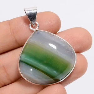 Green Botswana Banded Agate Gemstone 925 Silver Handmade Pendant 1.5" ARP-4416 - Picture 1 of 3